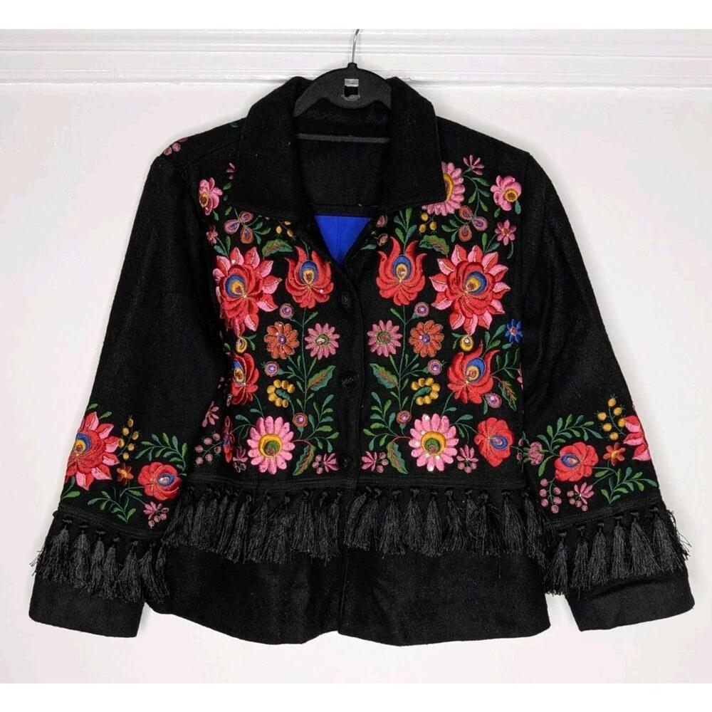 Boho Chic Black Embroidered Floral Blazer Tassel Trim Western Folk Wearable Art